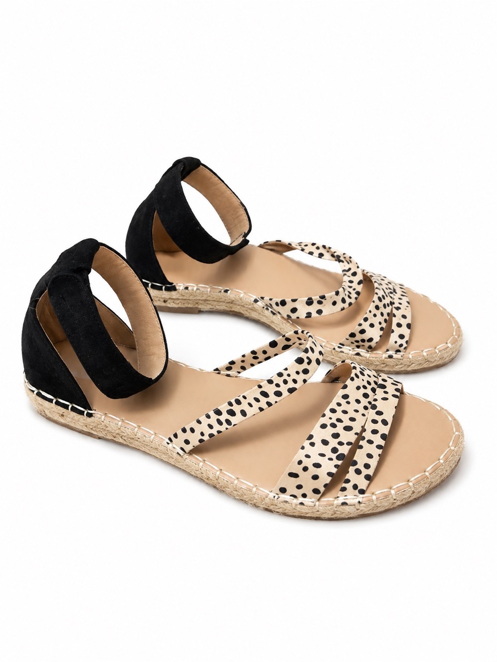 Spotted Dalmatian Print Strappy Espadrille Sandals - Black & Cream - Size 8.5